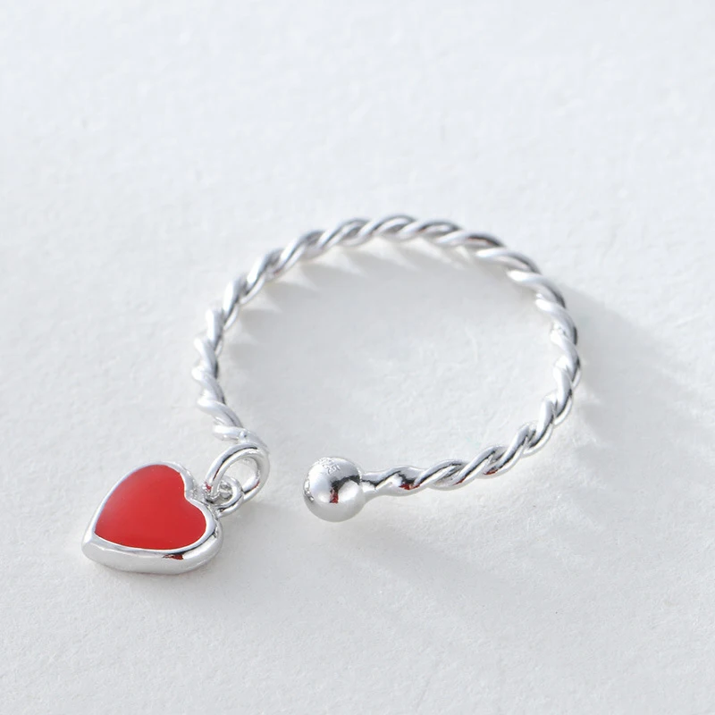 

925 Sterling Silver Red Love Heart Pendant Rings For Women Girls Personalized Adjustable Tail Ring Fashion Korean Style Jewelry