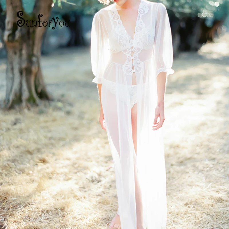 

2019 Women Holiday Chiffon Bohemian Beach Maxi Dresses Cardigan Robe de Plage Beach Kaftan Lace Long Summer Lady Sexy Dress