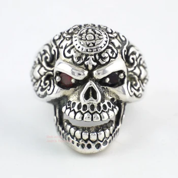 

Sterling Silver Rock Biker Sugar Skull Skeleton Red Eyes Men Ring A3103