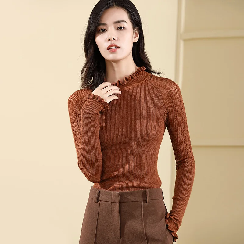 2018 Fall And Winter New Women's High Collar Bottoming Shirt Wooden Earmuffs Wool Hollow Sweater vestidos