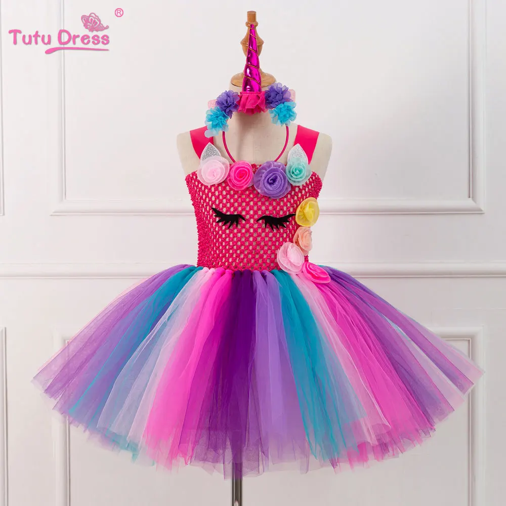 Kids Girls Unicorn Tutu Dress Knee-Length Rainbow princess Flower Girl Birthday Party Up Fancy Halloween Costume | Детская одежда и