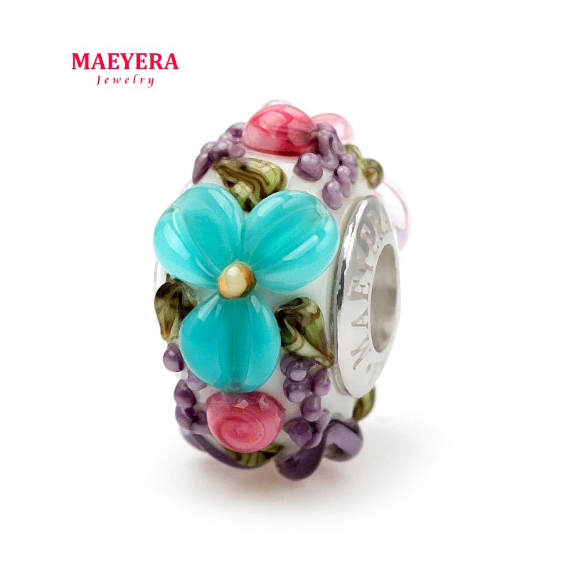 MAEYERA абсолютно 925 пробы Серебряный трехцветный цветок стерео лепестки муранского стекла бусины подходят Европейскому Шарму ювелирные изделия 920347