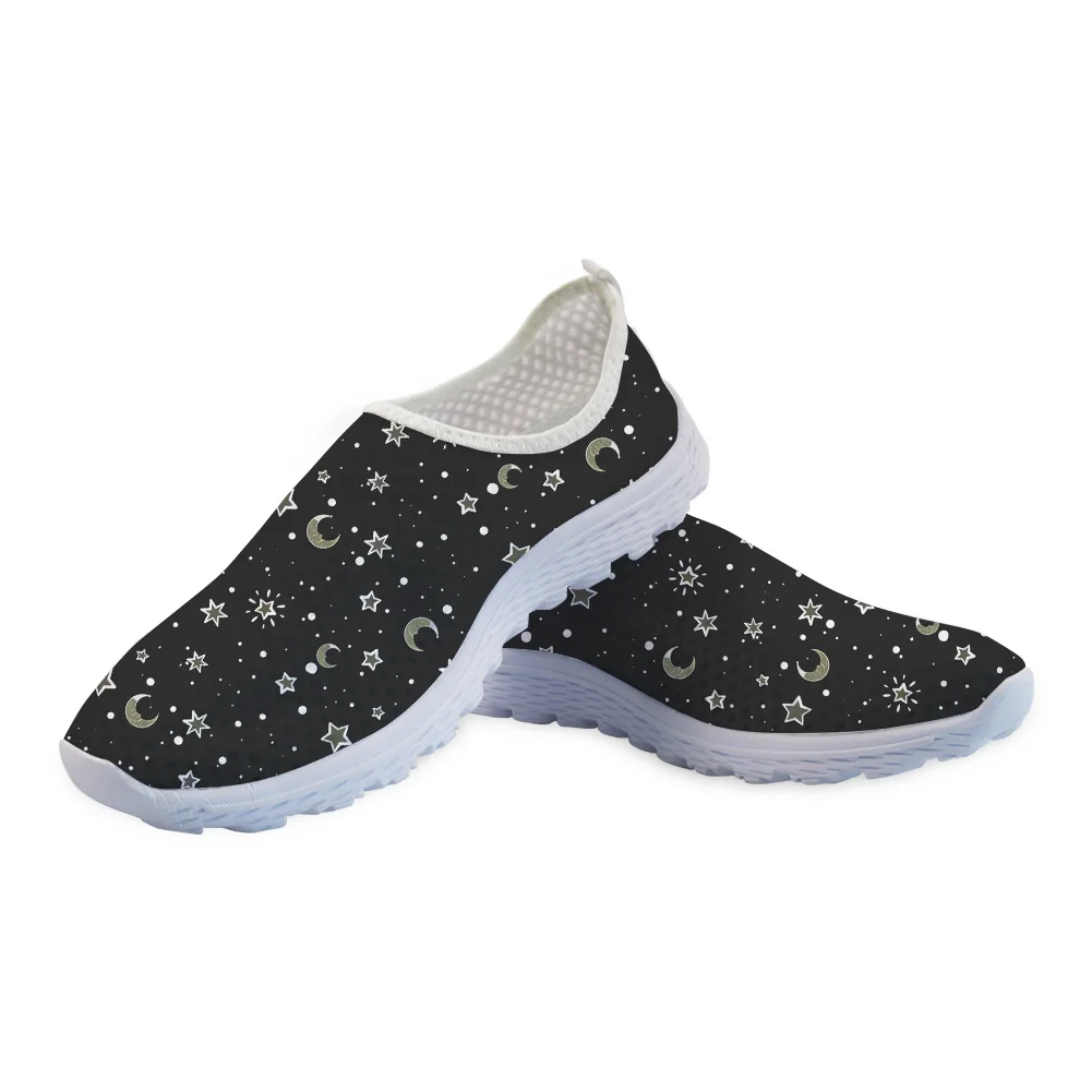 Black Moon Stars Cute Women Mesh Shoes Autumn Breathable Flat Sneakers for School Girls Female Mujer Zapatos Slip-on Flats