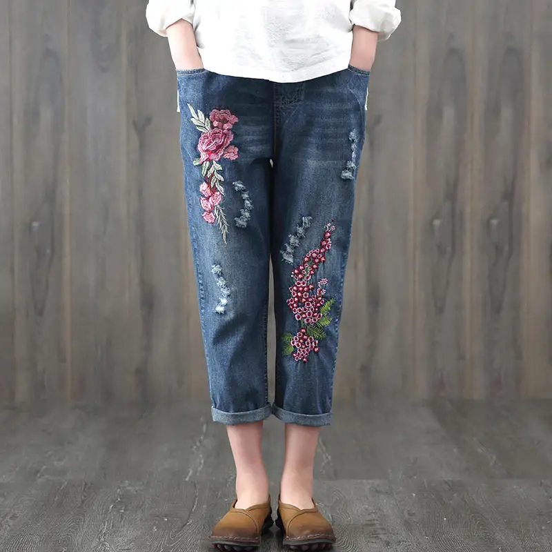 

Plus Size 3XL Vintage Lace Up Embroidery Ripped Jeans For Women Spring Summer Denim Women Jeans Casual Ladies Jeans Femme C5368