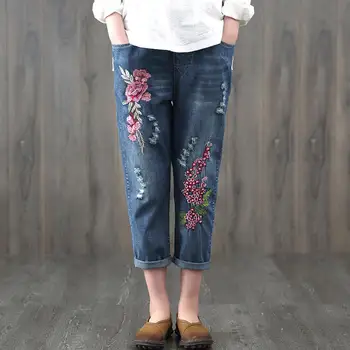 

Plus Size 3XL Vintage Lace Up Embroidery Ripped Jeans For Women Spring Summer Denim Women Jeans Casual Ladies Jeans Femme C5368