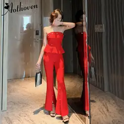 Комплект из 2 предметов 2019 летний женский деловой костюм из органической кожи вечерние красные Топы без бретелек с оборками и длинные штаны