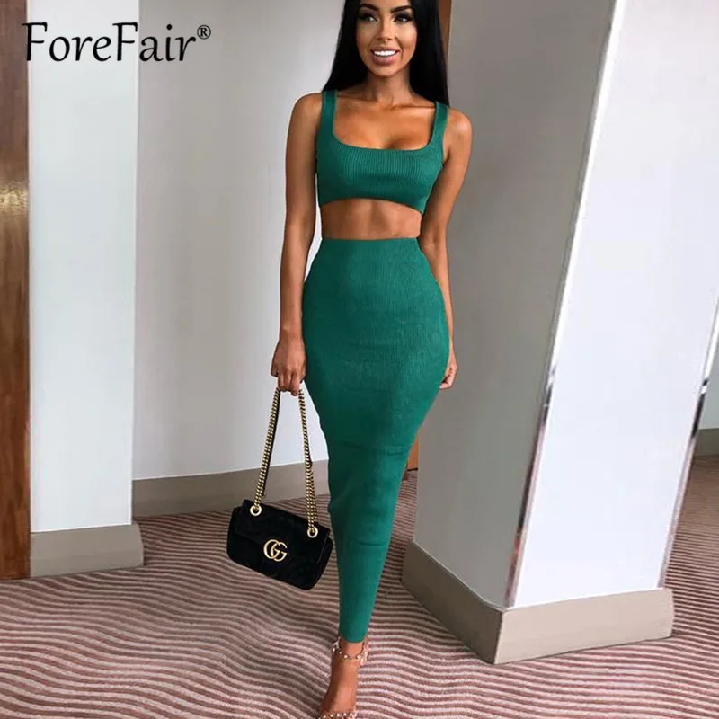

Forefair Two 2 piece Set women skirt suit 2019 sexy skinny tank crop top and high waist stretch bodycon long skirt outfit sets