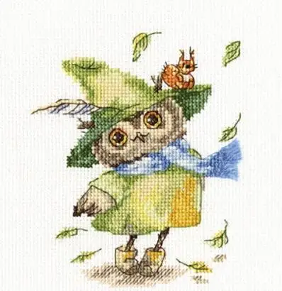 

Gold Collection Lovely Counted Cross Stitch Kit rto Owl Leaf Fall Big Wind Green Hat Owl