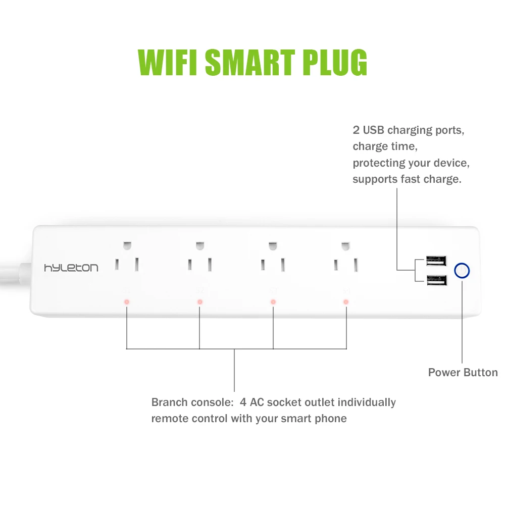 Hyleton wifi USB силовая полоса smart US plug Переключатель перегрузки защита от перенапряжения 4 розетки 2 порта USB зарядное устройство 2 м 15A Wi-Fi розетка