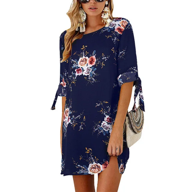 Женское летнее платье в богемном стиле с цветочным принтом, шифоновое пляжное платье, туника, сарафан, свободное - Цвет: Тёмно-синий