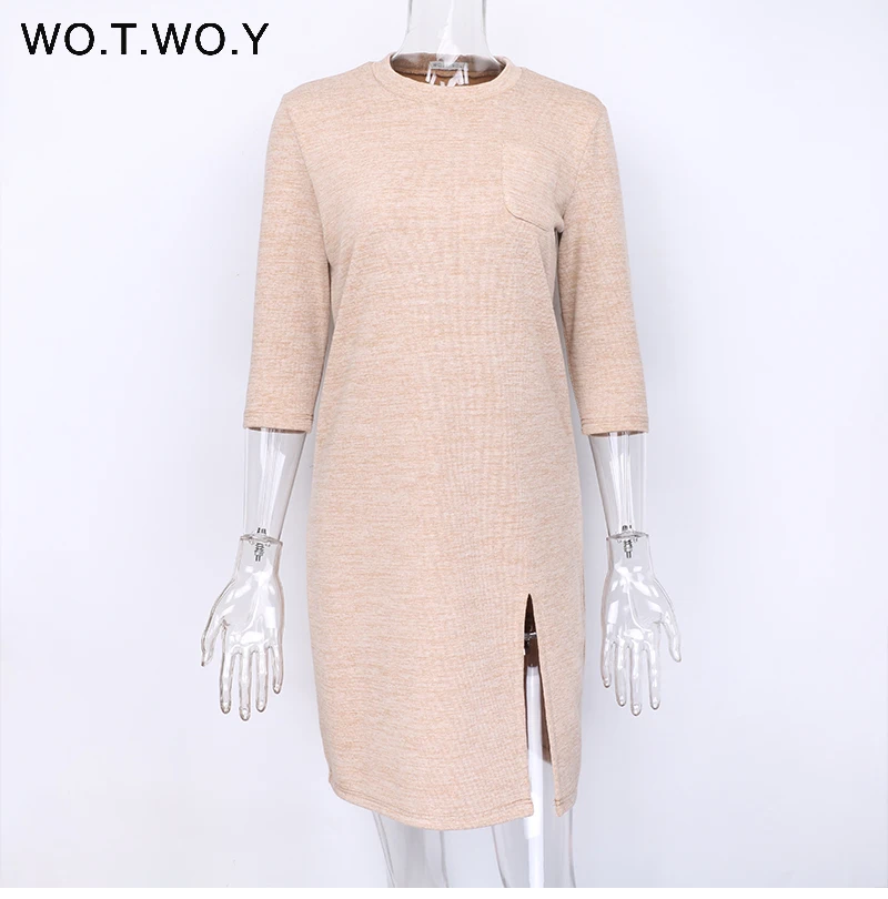Spring Autumn Casual Loose Style Women Dress Half Sleeve Pocket Split Dresses Ladies Solid Midi Long Knitted Dress Women
