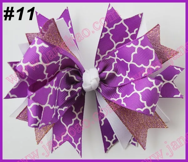 

free shipping 2014 newest 300pcs 4.5'' spike hair bows with chevron ribbon and quatrefoil ribbon hair clips chevron hair bows