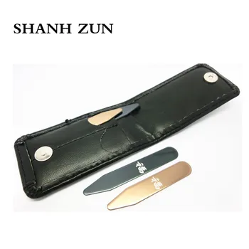 

SHANH ZUN 4 Pcs Stainless Steel Collar Stays Good Luck Chinese Engravd Collar Bones in Black Leather Wallet 2.2"/2.5"