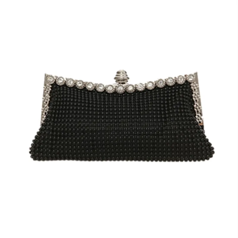 

Female Crystal Beading Cosmetic Bag Knitting Diamond Chain Handbag Handmade beaded Pearl Madeup Shoulder Evening Party Bag