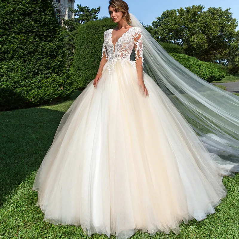 Ирина для невесты robe De mariage Кепки рукавом v-образным вырезом кружевные аппликации c бисером свадебное платье цвета шампань
