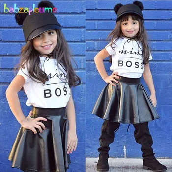 

babzapleume Baby Girls Boutique Outfits Summer Sets Letter T-shirt+PU Skirt Fashion Kids Clothes Children Clothing 2Piece BC1406