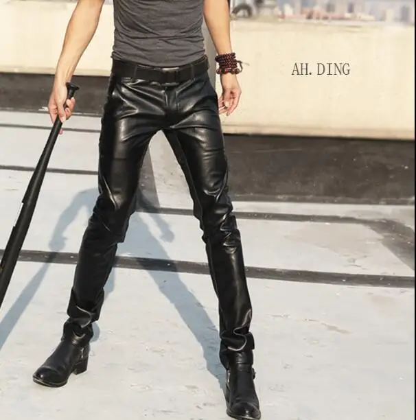 

2019 autumn and winter new personality stitching tight leather pants men's slim feet pu leather pants tide men's leather pants