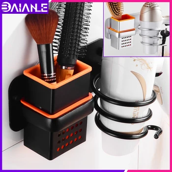 

Bathroom Hair Dryer Holder with Cup Aluminum Black Wall Mounted Hair Dayer Rack Comb Holder Multipurpose Bathroom Shelf Organize