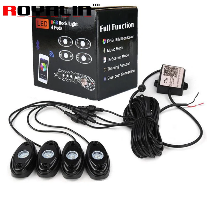 

ROYALIN Car Lights 4 Pods RGB LED Rock Light with Phone APP Bluetooth Wireless Remote Controller Timing Function Music for Auto