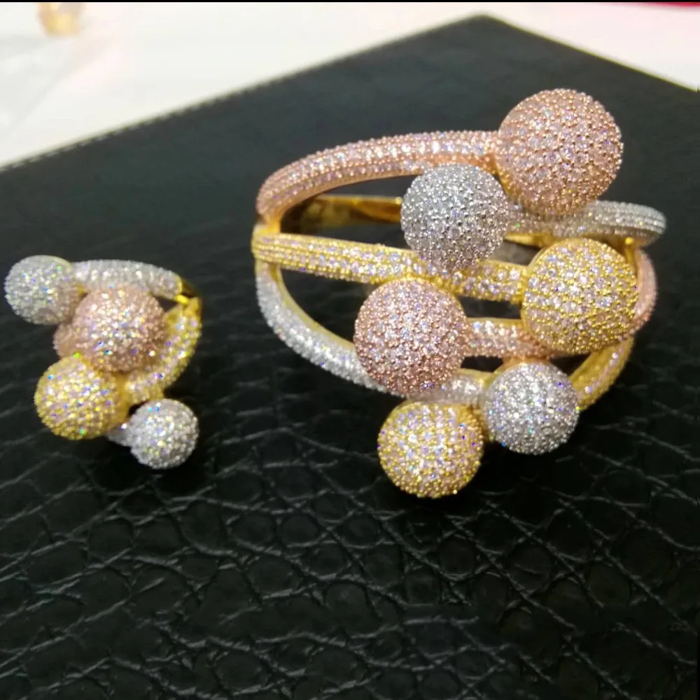 

GODKI Luxury 3 Tone Ball Winding African Nigerian Bangle Ring Sets Indian Jewelry Set For Women Wedding brincos para as mulheres