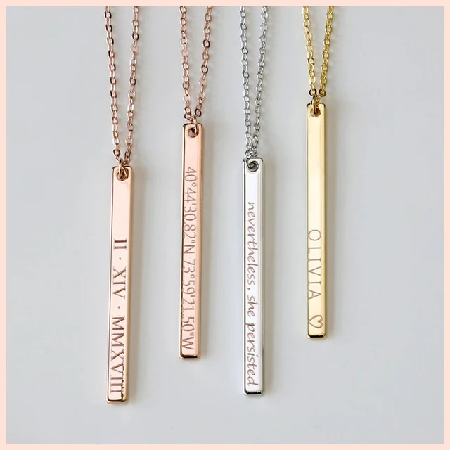 Custom Personalized Vertical bar silver Necklace Engraved Date Name