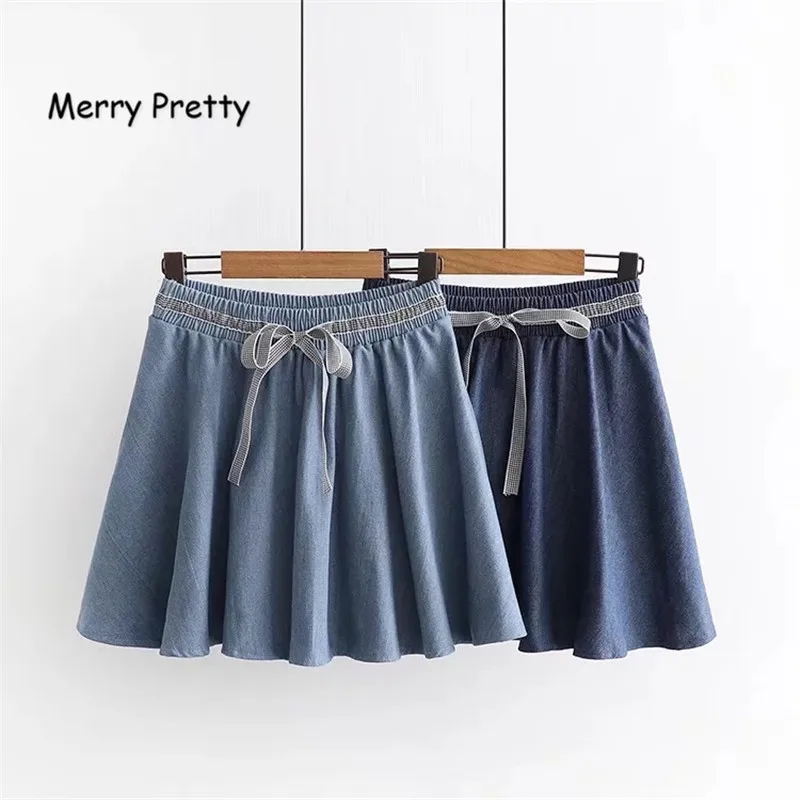 Merry Pretty/Прямая поставка; Новинка; весенние плиссированные юбки с эластичной резинкой на талии; джинсовые юбки; однотонная джинсовая юбка трапециевидной формы; Милая Мини-юбка с бантом для девочек