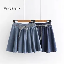 Merry Pretty/Прямая поставка; Новинка; весенние плиссированные юбки с эластичной резинкой на талии; джинсовые юбки; однотонная джинсовая юбка трапециевидной формы; Милая Мини-юбка с бантом для девочек