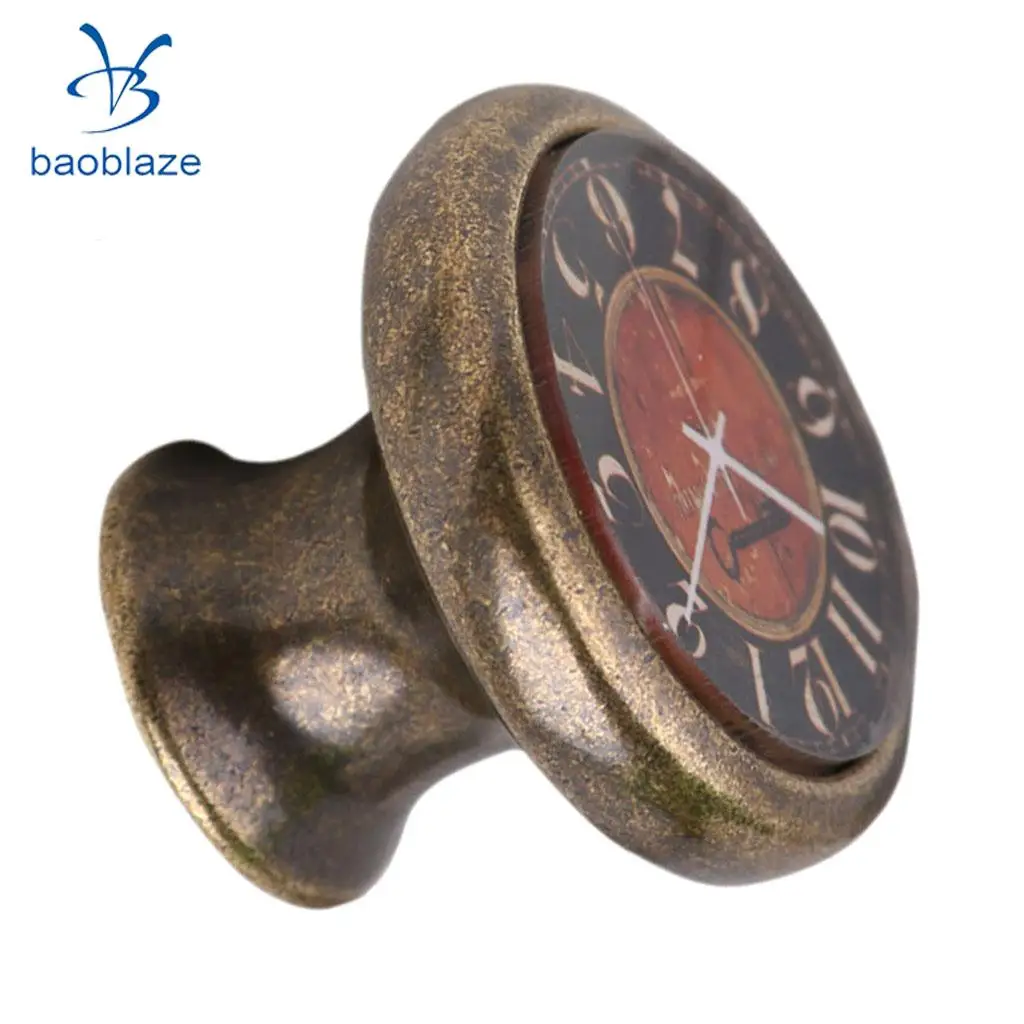 2 Pieces Vintage Brass Cabinet Drawer Round Pulls Wardrobe Cabinet Door Cupboard Knob Handle Clock Plate Pattern #1