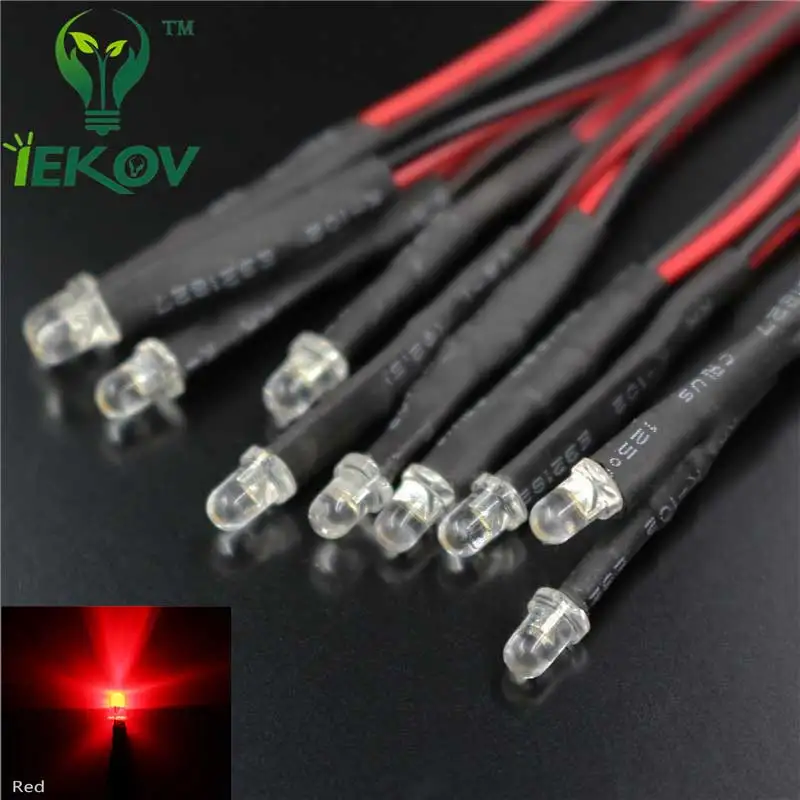 50 шт. LED диоды 3 мм 12 В Предварительно Проводные белые красные синие зеленые желтые