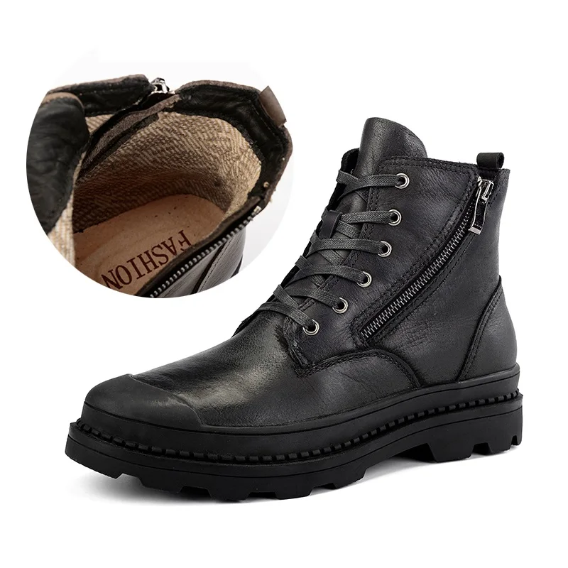 Мужская зимняя обувь в байкерском стиле; мужские ботильоны из натуральной кожи; брендовые зимние ботинки на резиновой подошве; повседневная обувь для мужчин; размеры 38-47 - Цвет: Leather inside black
