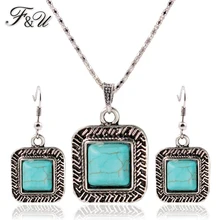 F& U модные квадратные ювелирные наборы тибетская цепочка ожерелье и кулоны серебряный цвет в форме серьги-гвоздики женский воротник