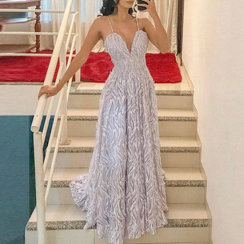 

sexy elegant Women dress Wedding party Bridesmaid print Sling V-neck spaghetti strap classic vintage flared long Dress ladies