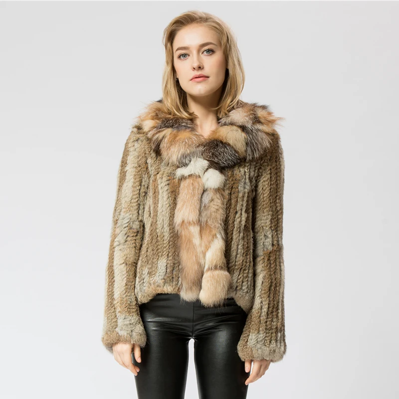 CR072 1 Knitted real rabbit fur coat overcoat jacket with fox collar
