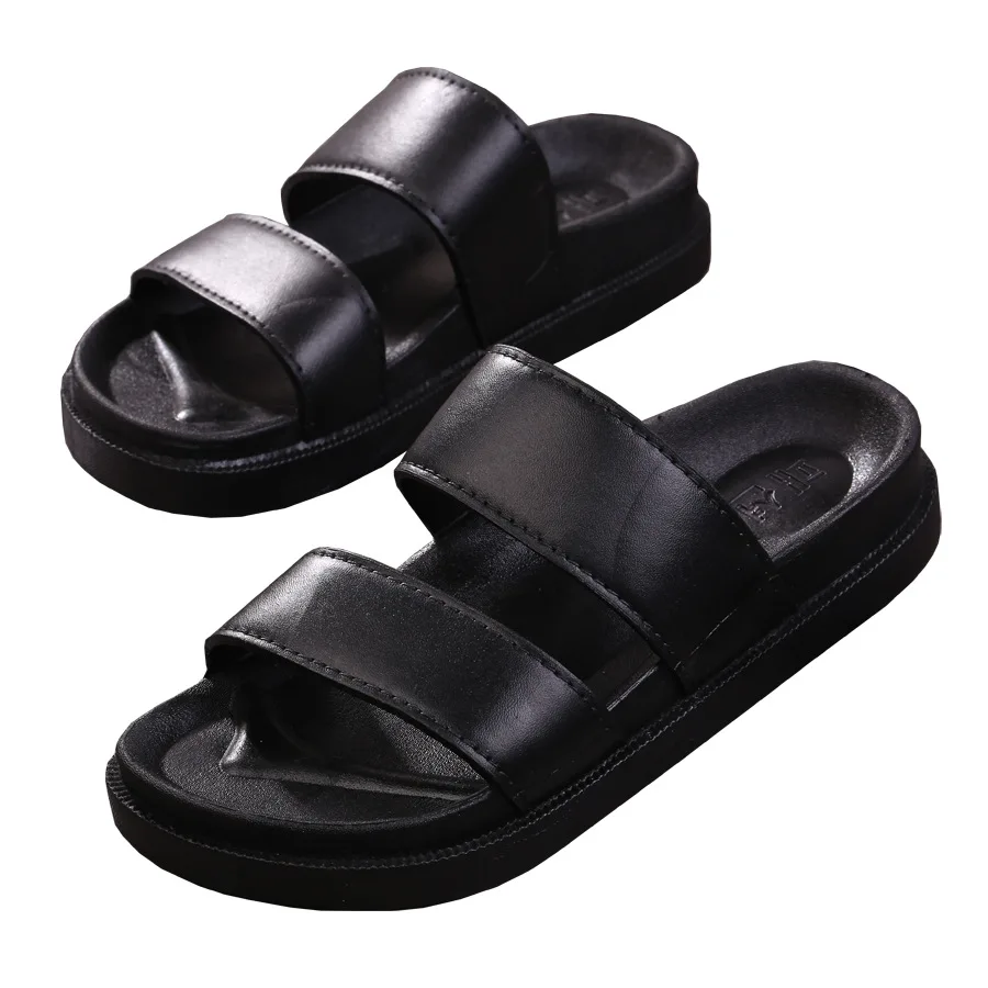 

women slippers buckle real leather slides shoes solid thick sole heels beach sandals women outside flip flops summer 35-41