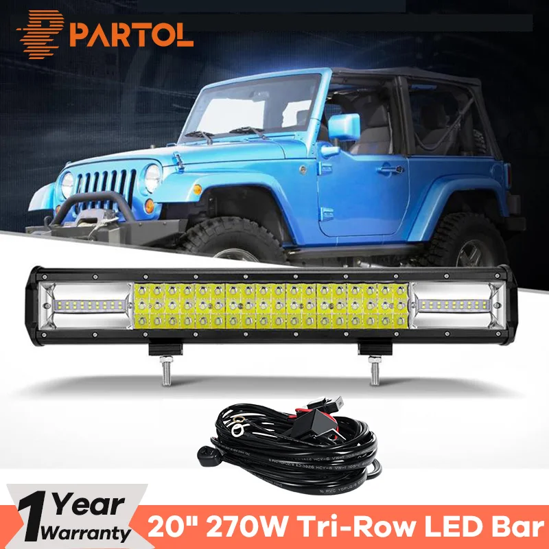 

Partol 20" 270W Tri-Row LED Light Bar Combo Spot Flood Beam Offroad Work Light 4WD 4x4 LED Bar 6000K for Truck Camper Trailer