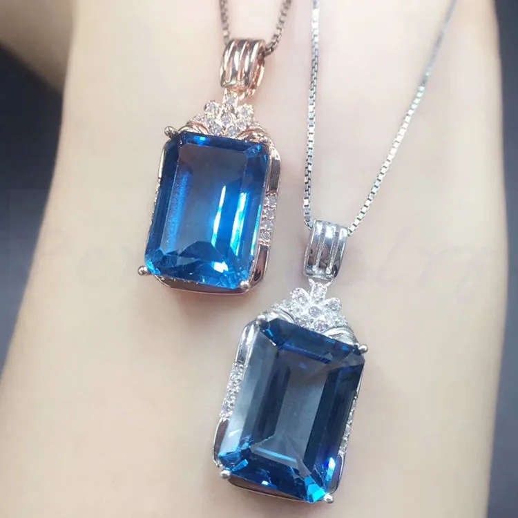 Большое ожерелье с натуральным голубым топазом Серебро 925 пробы 10*14 мм 9.5ct большой драгоценный камень G18092003