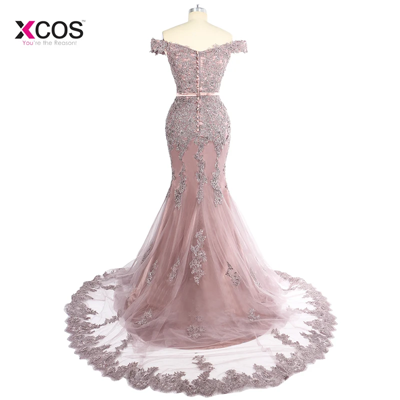 Dusty Pink Off the Shoulder Mermaid Evening Dress Long 2019 Lace Appliques Beads Formal Trumpet Prom Gown Robe de Soiree Longue