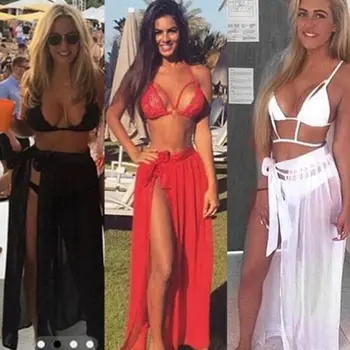 

Red Black Women Swimwear Bikini Beach Skirts Cover Up Split Swimsuit Wrap Skirt High Waist Bathing Suit