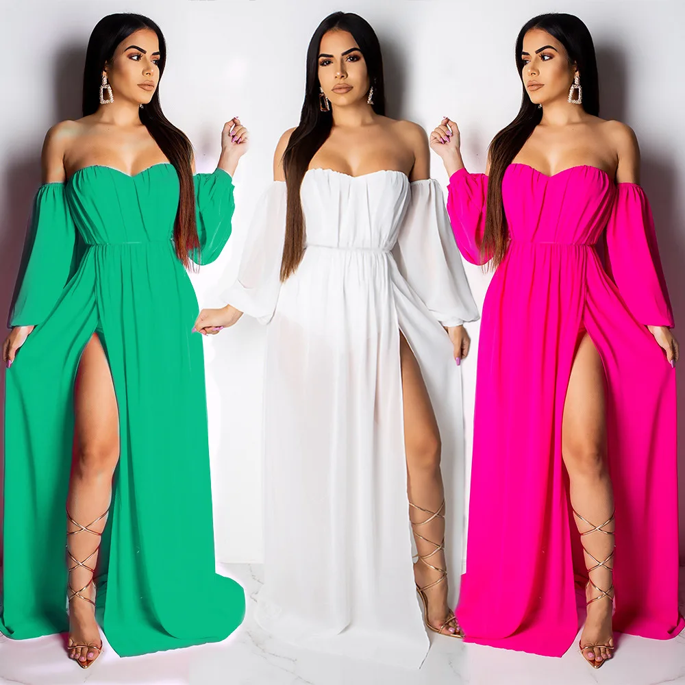 

2019 Women Chiffon Neckline Slash Neck Long Sleeve Side Top Split Floor Length Maxi Dress Beach Sexy Dresses 3 Color