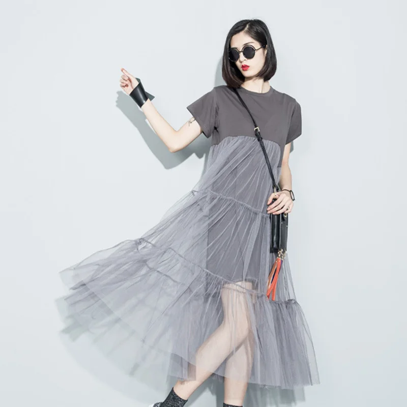 

2017 Summer Europe and solid color stitching loose short-sleeved swing perspective gauze dress women wholesale 3361
