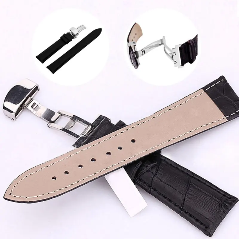 18 24mm Women Men Watch Band Strap Butterfly Pattern Deployant Clasp Buckle+Leather Correas de
