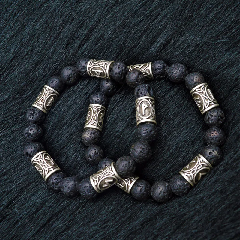 YIZIZAI винтажные 10 мм Лава камень старинные серебряные бусы Руна викингов сплав древнескандинавские ювелирные украшения мужские браслеты для wo мужчин