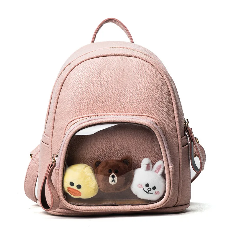 Women backpack High Quality Pu Leather Backpacks Transparent Itabag Lovely Ita bag with three cute doll