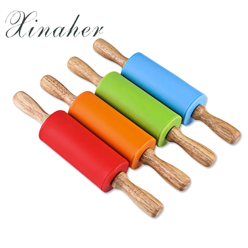 XINAHER 23cm 4 colors Silicone Rolling Pins Dough Pastry Roller Wooden