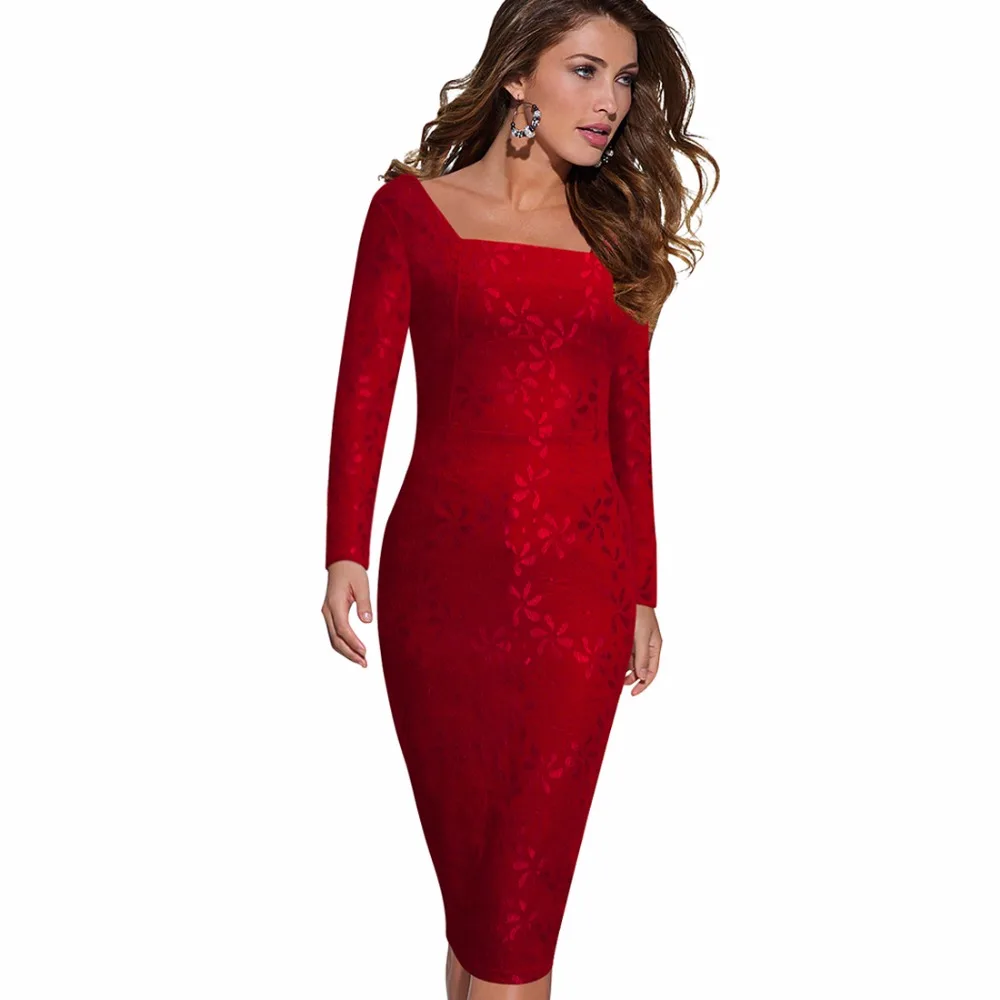 

Spring Women Vintage Tropical Pinup Elegant Crochet Long Sleeve Pencil Dress Career Office Lady Business Autumn Dress 1E740