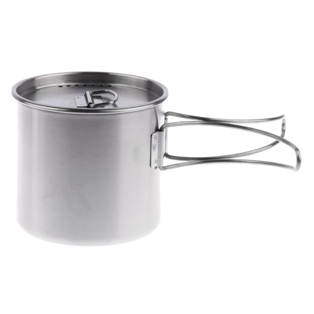 Stainless Steel Portable Camping Backpacking Cup Pot Alcohol Stove Cook Set with Vented Lid Folding Handle and Measurement Mark 