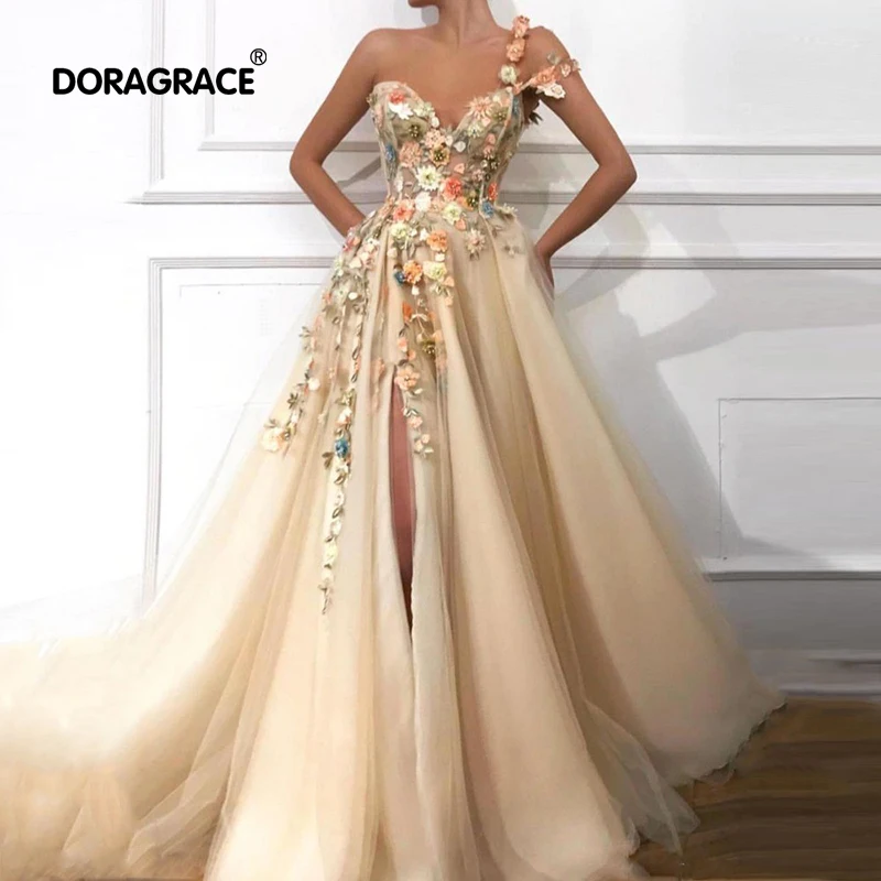 

Doragrace Real Photo One Shoulder Appliques Side Split Long Prom Dresses Evening Party Gowns