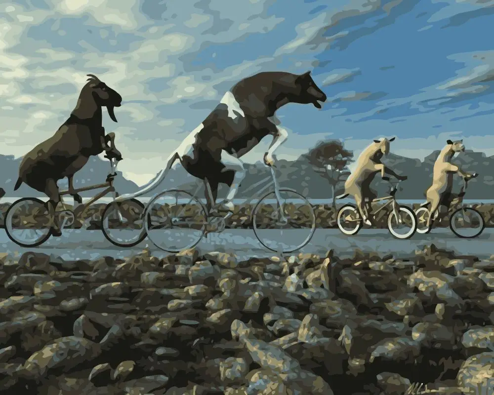 MaHuaf-j389 Funny Cows Cycling DIY oil paintings by numbers on canvas wall art animal picture for bedroom decoration 