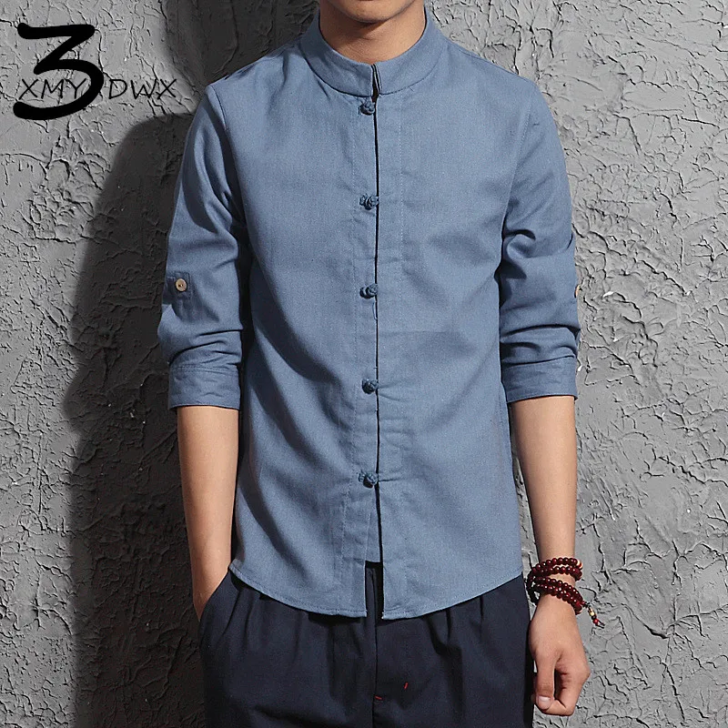 Achat XMY3DWX Mode hommes d été de slim Fit loisirs Linge avec sept manches chemises mâle col montant rétro style Casual chemises M 5XL