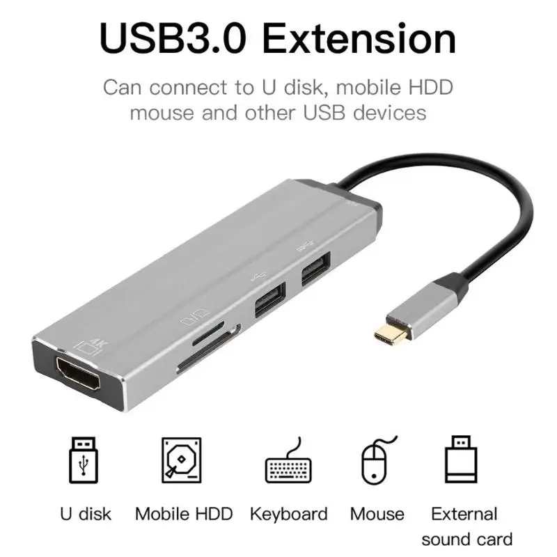 

6 In 1 USB-C HUB 4K HD Video Audio Cable Adapte Type C to HDMI usb 3.0 with SD/TF Card Reader PD Charging Type C USB HUB